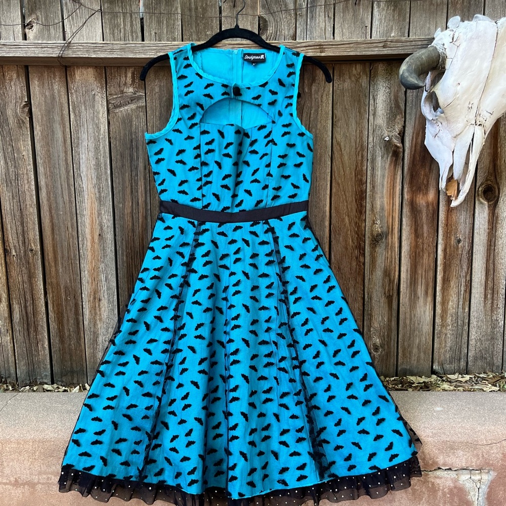 Sourpuss Bat Print Turquoise and Black Dress Summerween Style Medium/Large